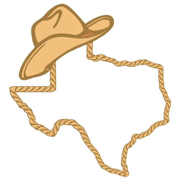 Texas Térkép Lasszó Kötélkerettel Cowboy Kalapot Elszigetelt Fehér Design Texas — Stock Vector