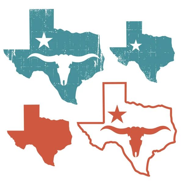 Texas Set Maps Silhouette Bull Skull Symbol Star Vector Illustration — Stockový vektor