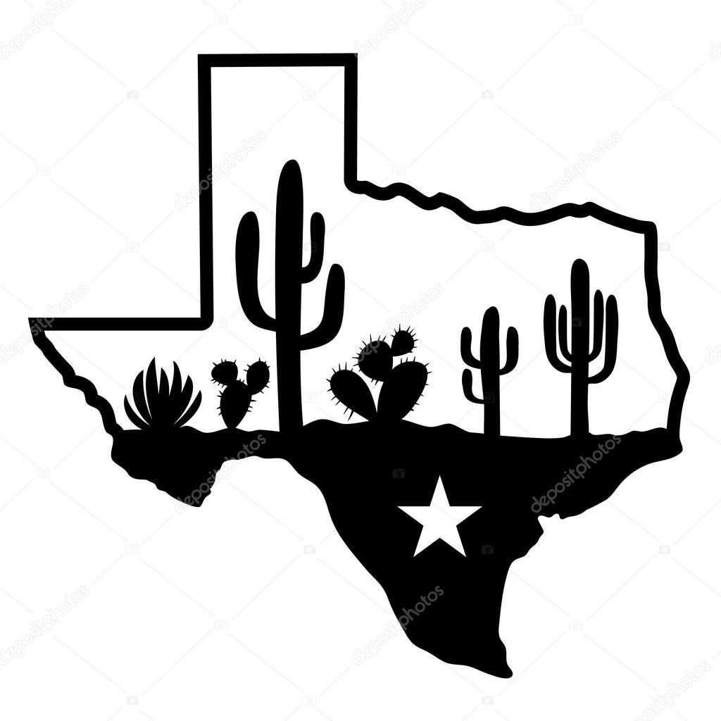 Texas map silhouette and cactuses desert black silhouette. Vector illustration of Texas map silhouette isolated on white for design. Texas sign symbol