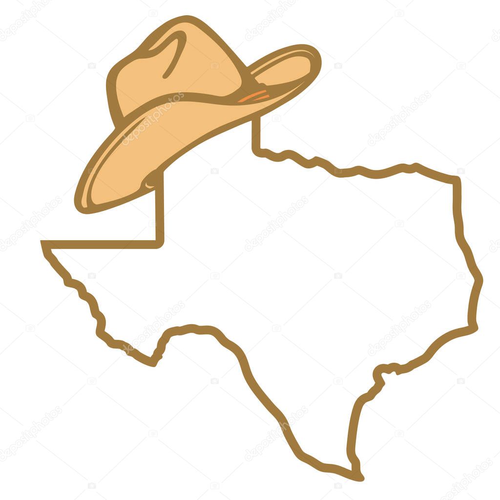Texas map and cowboy hat Vector illustration of Texas map background silhouette with western hat and isolated on white for design. Texas sign symbol