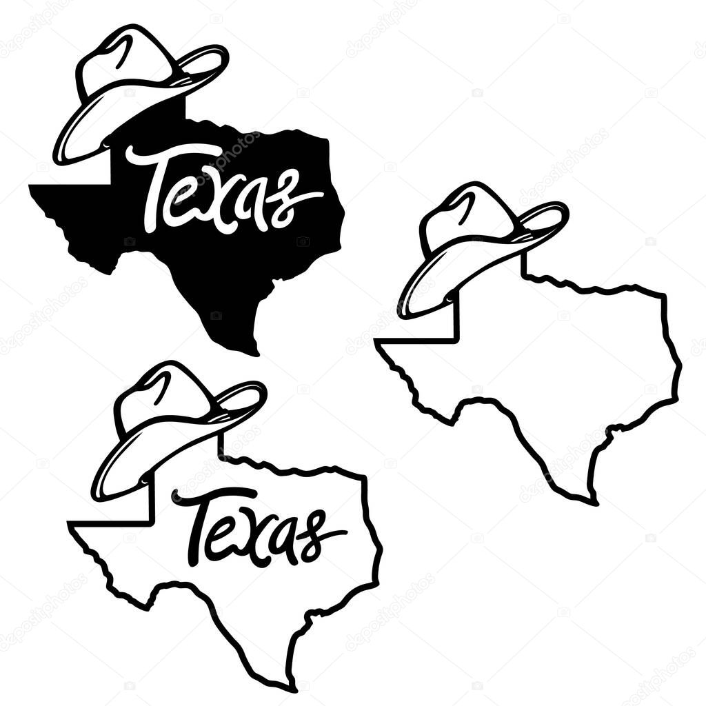 Texas map and cowboy hat Vector illustration of Texas maps black background silhouette with western hats and text isolated on white for design. Texas sign symbol