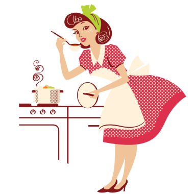 Young portrait of housewife in retro fashion red dress cooking soup. Vector illustration isolated on white for design clipart