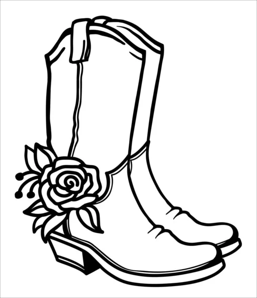 Cowboy Boots Flowers Decoration Outline Vector Illustration Isolated White Print — Stock Vector