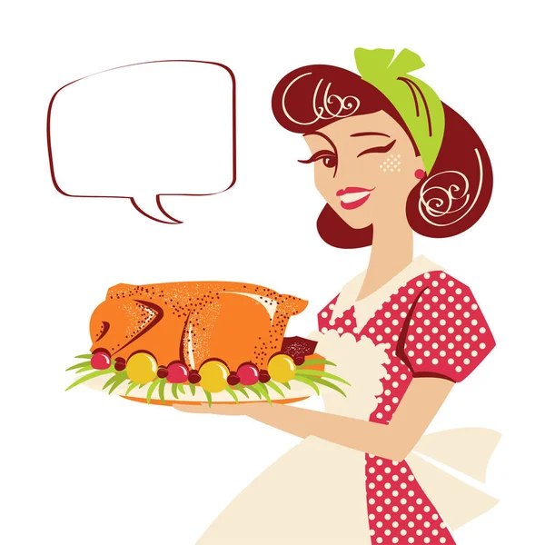 Ama Casa Sosteniendo Plato Con Pavo Asado Vintage Pin Mujer — Vector de stock