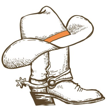 Kovboy çizmesi ve kovboy şapkası. Klasik Vahşi Batı kıyafetleri elle çizilmiş grafik çizimi. Vector Western kır çiftliği beyazlar üzerinde izole.