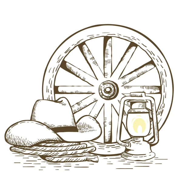 Chapéu Cowboy Laço Vector Wild West Ilustração Desenhada Mão Gráfica — Vetor de Stock