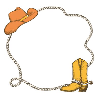 Lasso frame with Cowboy hat and cowboy boot and rope. Vector vintage illustration of Cowboy Ranch Concept isolated on white. vector