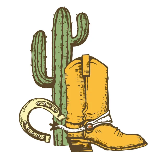 Cowboystiefel Hufeisen Und Kakteen Vintage Westerrn Symbol Handgezeichnete Farbabbildung Isoliert — Stockvektor