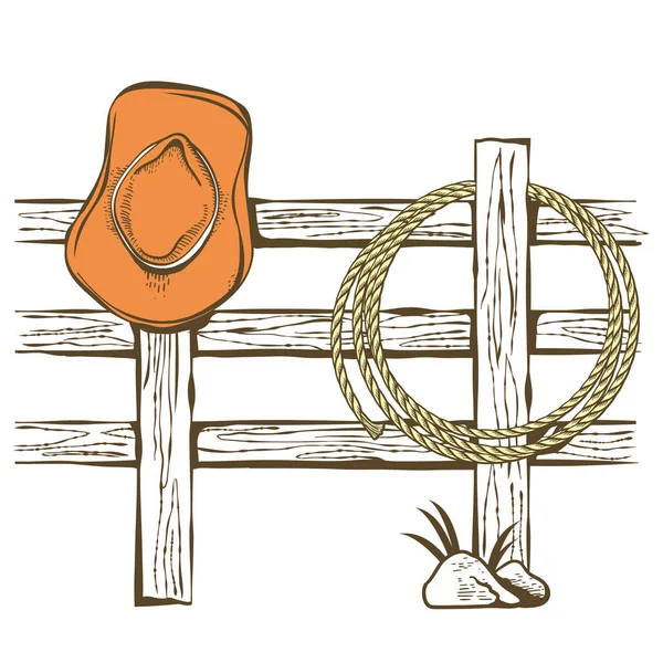 カウボーイハットと木製のフェンスにラソを持つカウボーイアメリカの牧場 白に隔離されたヴィンテージ西洋のシンボル手描きカラーイラスト — ストックベクタ
