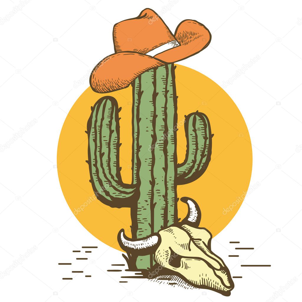Cowboy hat on Cactus with cow skull and yellow sun. Vintage American Westerrn symbol hand drawn color illustration isolated on white for design.
