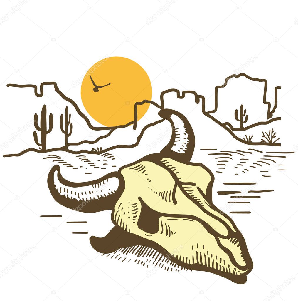 American desert landscape silhouette with cow skull on yellow sun. Vintage American Westerrn symbol hand drawn illustration landscape Arizona or Mexico hot sand isolated.