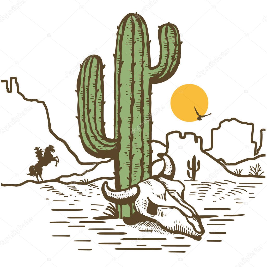 American desert landscape with cowboy drive on horse silhouette, Cactuses and bull skull. Arizona desert with yellow sun and cactuses silhouette. Vintage Westerrn symbol hand drawn color illustration isolated on white for design.