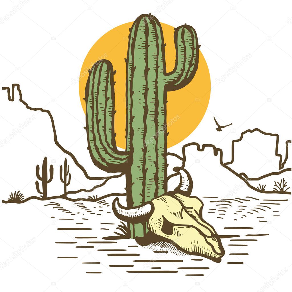 American desert landscape with Cactuses and bull skull. Arizona desert with yellow sun and cactuses silhouette. Vintage Westerrn symbol hand drawn color illustration isolated on white for design.