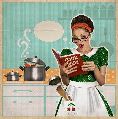 kitchen.retro kart eski kağıt üzerinde genç ev hanımı