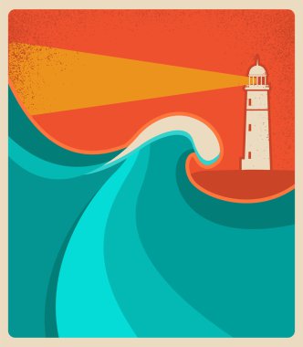 Mavi deniz feneri kartı. Vektör poster arka plan