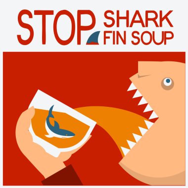 Köpekbalığı yüzgeci çorbası durdurmak. Adam baş yeme ile vektör simgesi poster 