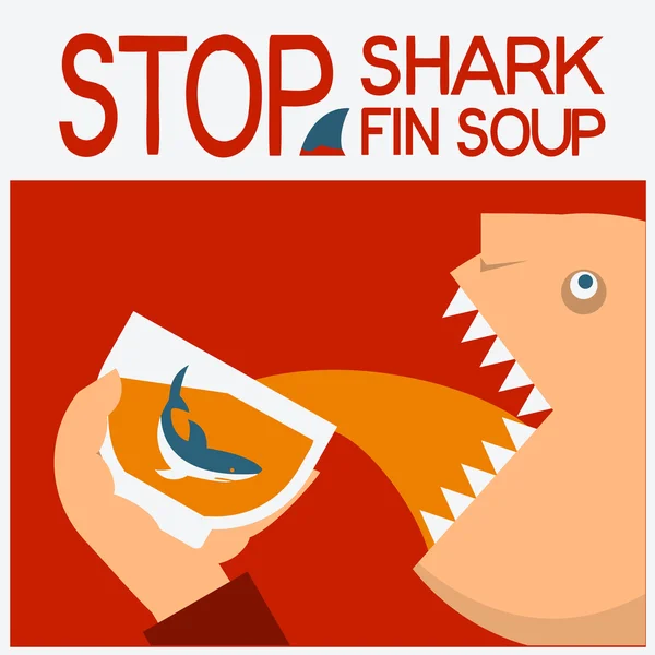 Stop shark fin soup.Vector symbol poster with man head eating — Stock Vector