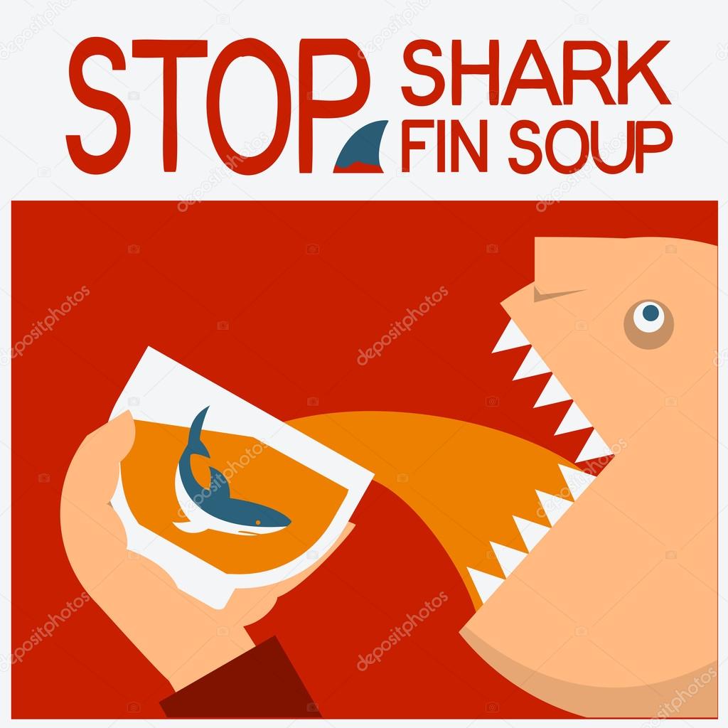 Stop shark fin soup.Vector symbol poster with man head eating 