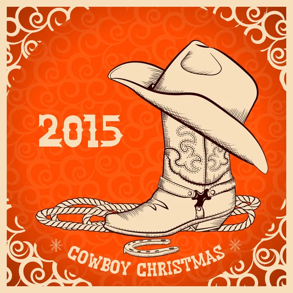 Tarjeta de felicitación de Año Nuevo occidental con objetos vaqueros — Vector de stock