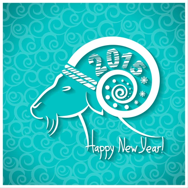 Feliz Año Nuevo tarjeta azul con cuerno de cabra y texto . — Vector de stock