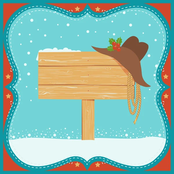 Tarjeta de Navidad vaquero con sombrero occidental y fondo de tablero de madera — Vector de stock