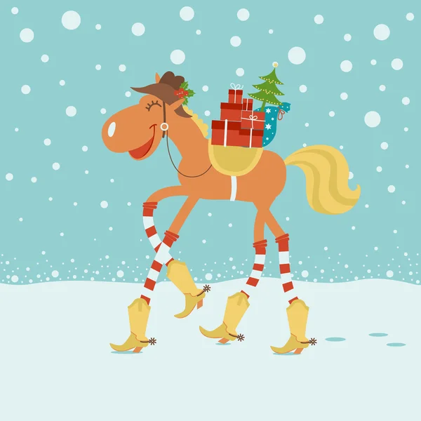 Biglietto di Natale con cavallo in cappello da cowboy e stivali in inverno indietro — Vettoriale Stock