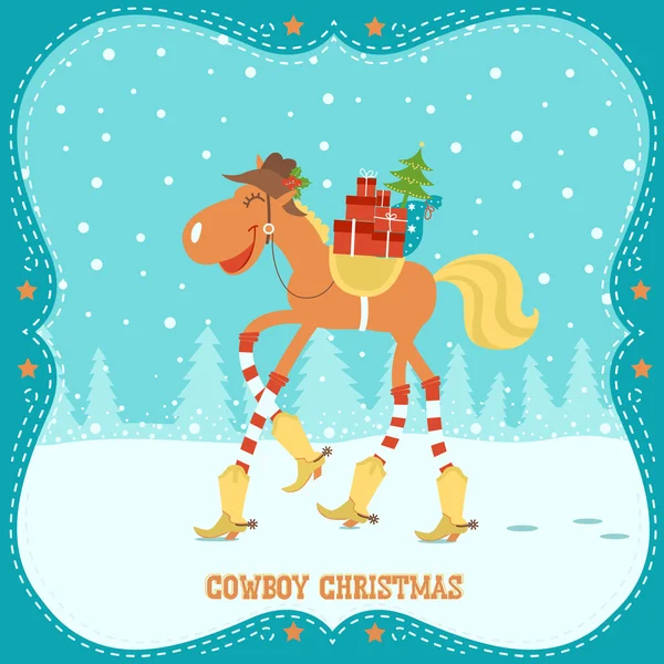 Рождественская открытка с лошадью в ковбойской шляпе и сапогах — стоковый вектор