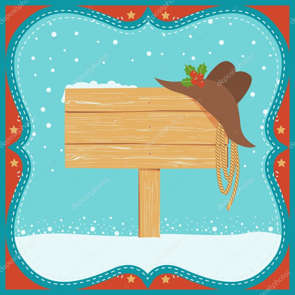 Cowboy Christmas card with western hat and wood board background
