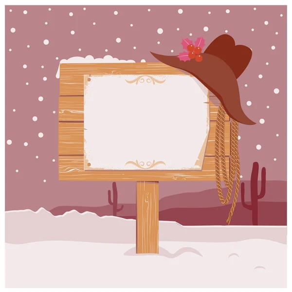 Cowboy fond de Noël avec panneau de bois pour le texte — Image vectorielle