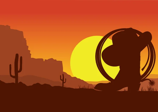 Salvaje oeste americano desierto paisaje con bota de vaquero y lazo — Vector de stock