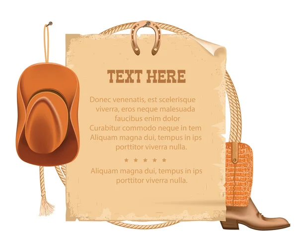 Chapeau de cow-boy occidental et lasso.Vector américain vieux papier pour le texte — Image vectorielle
