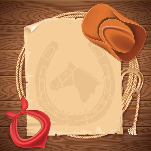 Fondo del oeste salvaje con sombrero de vaquero y lazo americano en madera — Vector de stock