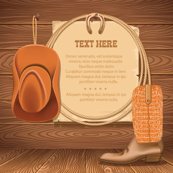 Kowbojski kapelusz i amerykański lasso. Wektor stary papier do tekstu na drewno — Wektor stockowy