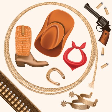 set of wild west cowboy objects isolated on white clipart