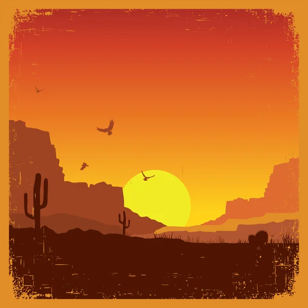 Salvaje oeste americano desierto paisaje en la vieja textura — Vector de stock