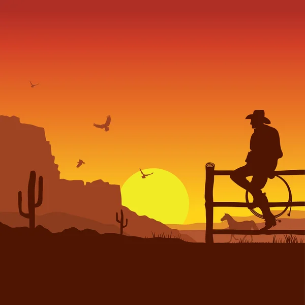 Vaquero americano en el paisaje del atardecer salvaje del oeste en la noche — Vector de stock