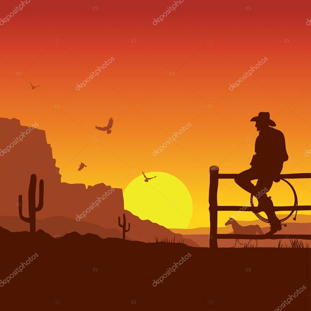 American Cowboy on wild west sunset landscape in the evening.Vector illustration