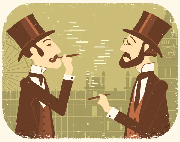 Gentlemen in bowler hats.Vintage London background — Stock Vector