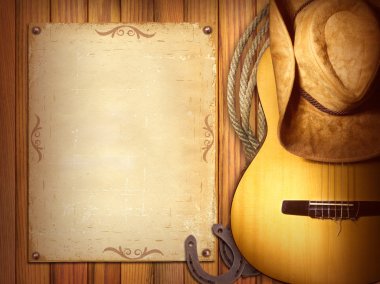 ABD'li Country müzik poster. Gitar ile ahşap arka plan