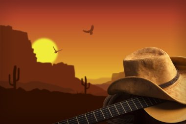 American Country music background with guitar and cowboy hat
