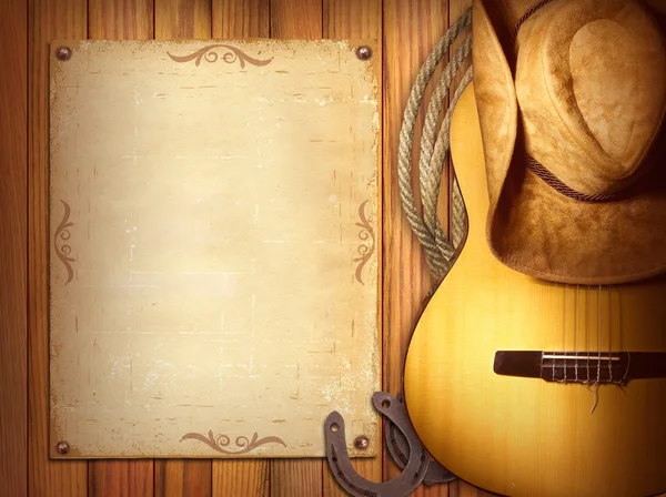 Cartel de música country americano.Fondo madera con guitarra — Foto de Stock