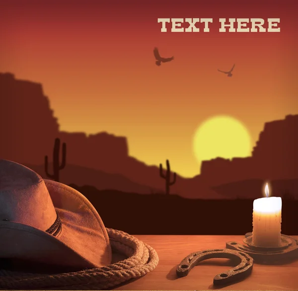 Nyugati háttérrel, cowboy kalapot és a kötél — Stock Fotó