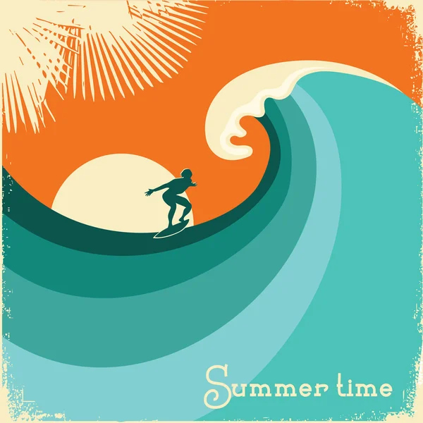 Surfer and sea wave.Retro poster illustration — Stock Vector