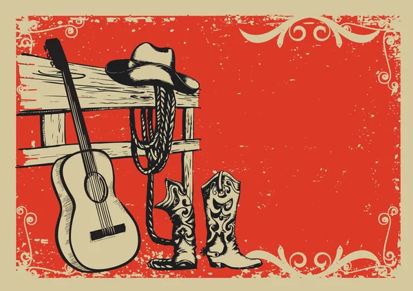 Винтажный плакат с ковбойской одеждой и музыкальной гитарой — стоковый вектор
