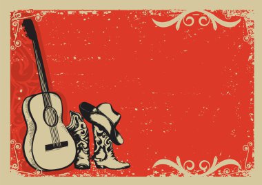 Kovboy çizmeleri ve müzik gitar ile VINTAGE poster