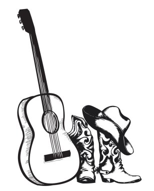kovboy çizmeleri ve üzerinde beyaz izole müzik gitar