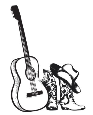 cowboy boots and music guitar isolated on white clipart
