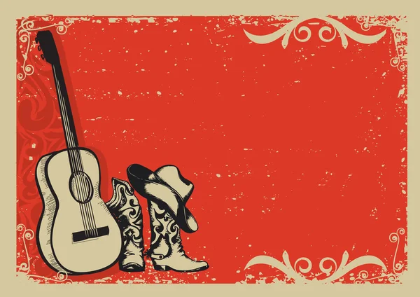 Vintage poster met cowboy laarzen en muziek gitaar — Stockvector