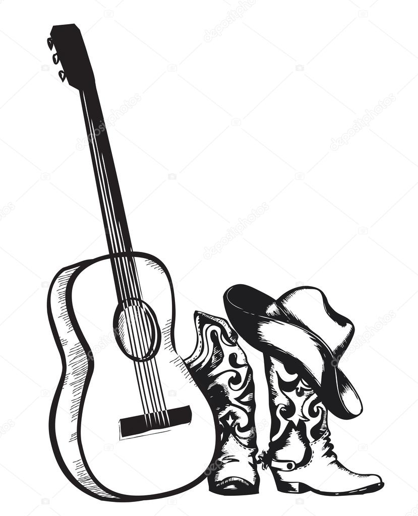 cowboy boots and music guitar isolated on white