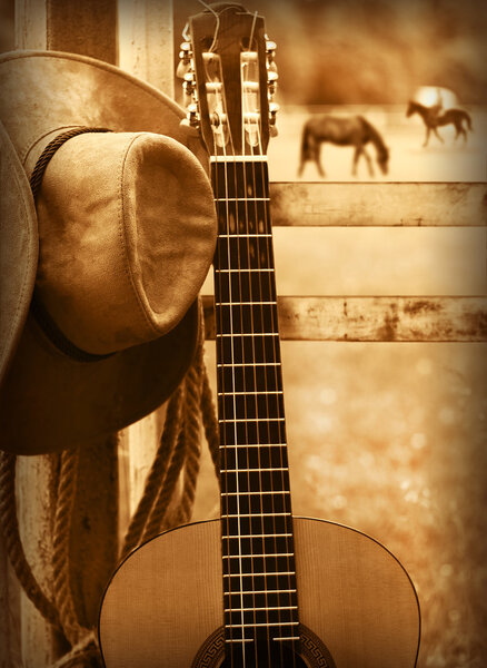 Cowboy hat and guitar.American music background